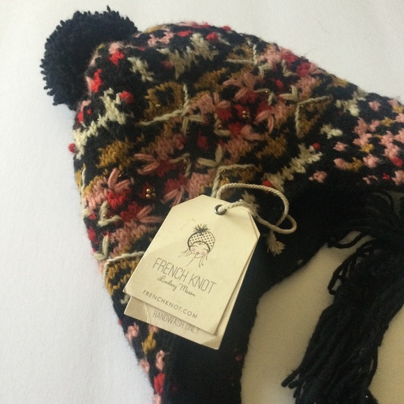 FRENCH KNOT SEDONA TRAPPER WOOL HAT w/ TASSEL TIES FLEECE LINED PINK BLACK NWT main image 6